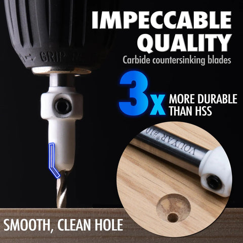 Pro Countersink Drill Bit Set With Carbide Tips For Woodworking Includes Sizes Four Six Eight Ten And Twelve Five Pieces High Speed Steel Construction Round Shank For Rotary Tools And Benchtop Drills showing installed bit creating clean hole in wood surface.