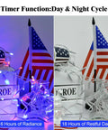 Red White and Blue Battery Operated Outdoor Lights With Timer About Ten Feet Long 30 LED Waterproof For Fourth Of July Independence Day Decorations Garland Patio Or Garden Party Decor Easy Setup shown with two timer modes against a flag backdrop