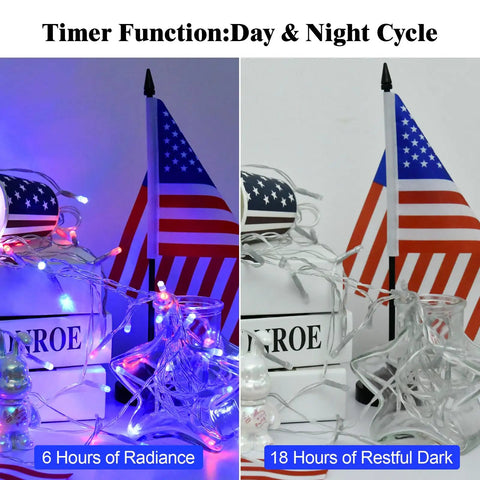 Red White and Blue Battery Operated Outdoor Lights With Timer About Ten Feet Long 30 LED Waterproof For Fourth Of July Independence Day Decorations Garland Patio Or Garden Party Decor Easy Setup shown with two timer modes against a flag backdrop