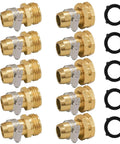 Garden Hose Repair Connector Kit With Clamps For 3/4 Or 5/8 Inch Hoses Male And Female Adapters Aluminum Connectors And Stainless Steel Clamps 5 Sets Plus 5 Extra Washers Quick No Fuss Leak Free Fix For Your Garden Hose showing gold aluminum adapters and black washers.