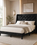 Heavy Duty Queen Bed Frame With Velvet Wingback Tufted Headboard And Built In Storage Shelf Noise Free Wood Slat Platform Base For Zero Box Spring Hassle No Fuss Setup And Sleek Black Bedroom Staple in stylish bedroom with natural light.