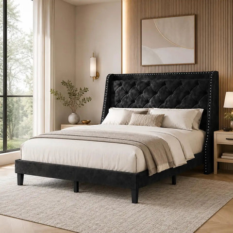 Heavy Duty Queen Bed Frame With Velvet Wingback Tufted Headboard And Built In Storage Shelf Noise Free Wood Slat Platform Base For Zero Box Spring Hassle No Fuss Setup And Sleek Black Bedroom Staple in stylish bedroom with natural light.