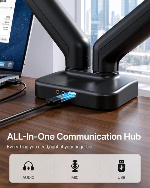 Heavy Duty Dual Monitor Arm Stand With Integrated USB Charging Ports Fits 17 To 32 Inch Screens Up To Nineteen Point Eight Pounds showing USB connections.