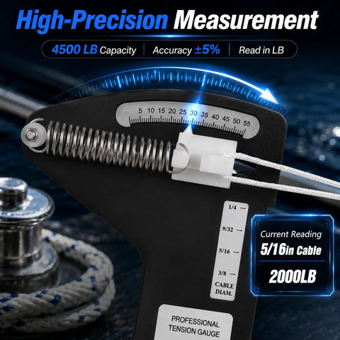 Pro Grade Hands Free Rigging Tension Gauge For Sailboat Shrouds And Wire Rope Standing Rigging Forestays And Cable Rigs Fits Nine Thirty Second Inch Nine Sixteenth Inch And Three Eighths Inch Cables Up To Four Thousand Five Hundred Pound Capacity, 5/16 cable tension gauge