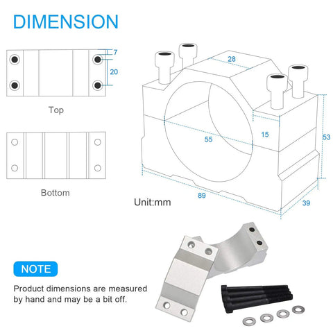 Diagram and parts of CNC Beast Brushless Spindle Motor Kit 600W ER16 48V DC 0 To 9000RPM with dimensions and mounting hardware