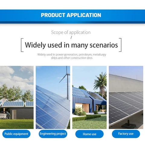 Images showcasing public equipment, engineering projects, home use, and factory use for solar panel installations.