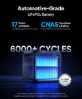 Elite 200 V2 Portable Power Station With Solar Charging Cable, highlighting the 17-year lifespan and 6000+ cycles feature