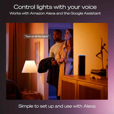 Couple in room using Smart Home Starter Kit With Bridge Pro And Four A19 And E26 Smart Bulbs, White To Color Ambiance, Alexa enabled.