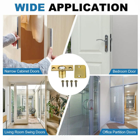 Magnetic Door Ball Catch 8 Pack For Top Of Doors And Invisible Cabinets, showing use for cabinet, bedroom, office, and swing doors.
