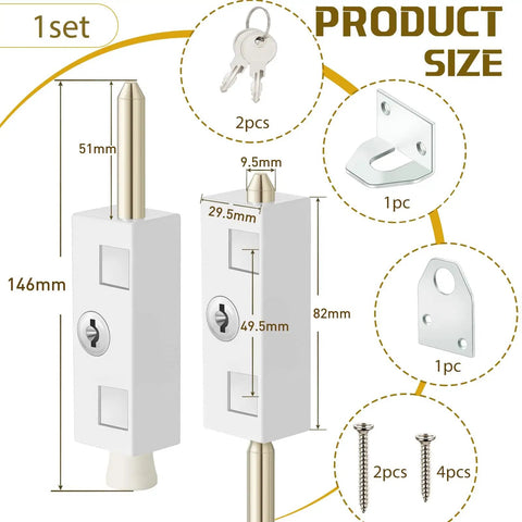 Dimensions and parts of the Keyed Sliding Door Lock For Glass Patio Doors, 1 Piece Zinc Alloy Iron Bolt Security Bar with keys.