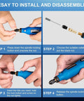 Esakoya cordless rotary tool with 75-accessory kit, blue body, step-by-step assembly infographic.