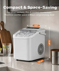 No-Hassle Portable Countertop Ice Maker With Scoop And Carry Handle, Fast Six Minute Freeze, Up To Twenty-Six Pounds Daily Output, Two Cube Sizes For Kitchens, Offices Or Chill Weekend Hangouts on countertop with dimensions.