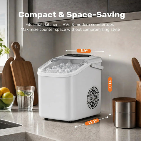 No-Hassle Portable Countertop Ice Maker With Scoop And Carry Handle, Fast Six Minute Freeze, Up To Twenty-Six Pounds Daily Output, Two Cube Sizes For Kitchens, Offices Or Chill Weekend Hangouts on countertop with dimensions.