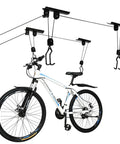 Two Pack Ceiling Bike Lift Hoist For Garage Storage Space Saving Bicycle Hoist With Ceiling Mount Heavy Duty Indoor Bike Lift Rack Safe And Secure For Home Use displaying bicycle mounted in garage