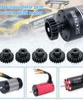 5Mm Bore Pinion Gear Set For RC Cars 1 By 10 And 1 By 8 - 18T 19T 20T 21T 22T Metal Motor Gears shown with motors
