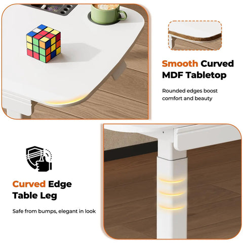Adjustable Height Rolling Desk With Drawer Swivel Casters Mobile Standing Workstation Slides Under Low Sofa And Bed Smooth Glide Design with curved MDF tabletop and elegant table leg.