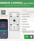 Remote control with app interface for modern 42-inch retractable ceiling fan with LED lights and app control, dimmable.