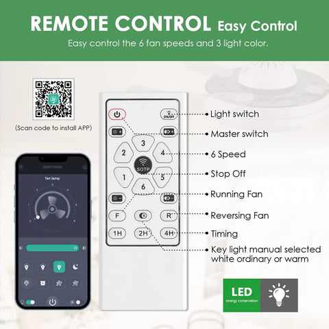 Remote control with app interface for modern 42-inch retractable ceiling fan with LED lights and app control, dimmable.