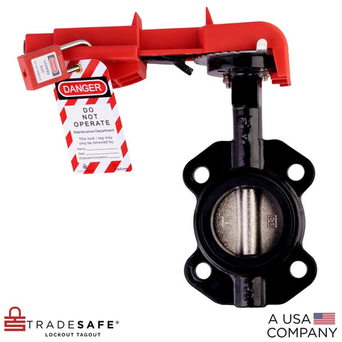 Red Butterfly Valve Lockout Device For 3 And 11 Thirty Second Inch Valve Head Diameter Water And Propane Shut Off, front view