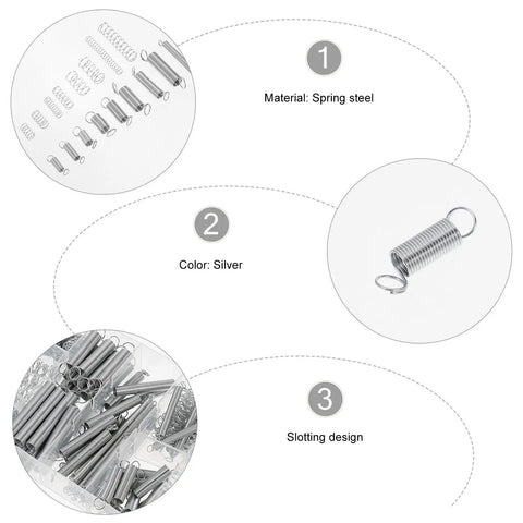 Your Go To 200 Piece Spring Assortment Kit With Compression And Extension Springs For Repairs And DIY Maintenance In A Handy Plastic Case With Size Chart For Quick Fixes features close-up of silver spring steel springs and case details.