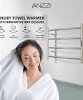 Glow 4 Bar Wall Mounted Towel Warmer In Brushed Nickel Energy Efficient 40W Plug In Heated Towel Rack next to smiling woman