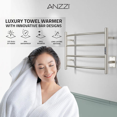 Glow 4 Bar Wall Mounted Towel Warmer In Brushed Nickel Energy Efficient 40W Plug In Heated Towel Rack next to smiling woman