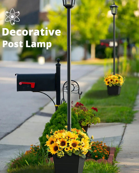 Solar Post Light With Planter 64 Inch Outdoor Garden Lamp For Backyard Pathway Patio And Front Door, sunflowers, mailbox