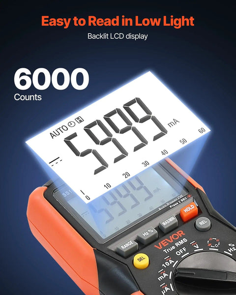 Digital Multimeter 6000 Count TRMS Auto Ranging for easy reading with backlit 6000-count LCD display