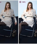 Model sitting under Pro Grade Dimmable USB LED Video Lights Kit With 5600K Daylight Adjustable Tripod Stand, before and after lighting.