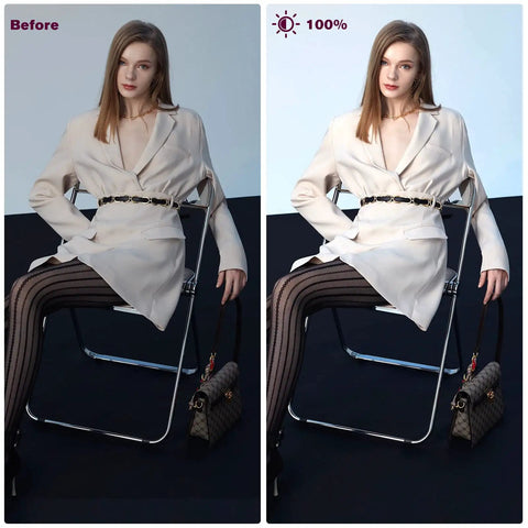 Model sitting under Pro Grade Dimmable USB LED Video Lights Kit With 5600K Daylight Adjustable Tripod Stand, before and after lighting.