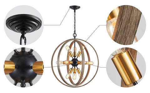 12 Light Farmhouse Dining Room Chandelier With Adjustable Chain In Oak And Brass Finish, showcasing rustic globe pendant details.