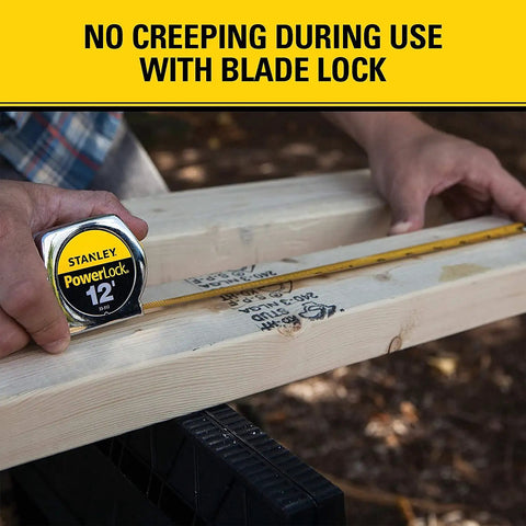 Heavy Duty Silver Tape Measure With Durable Metal Case And Long Lasting Mylar Blade Twelve Feet By Three Quarter Inch Pro Grade On The Job For Contractors And DIY Enthusiasts used to measure wood.