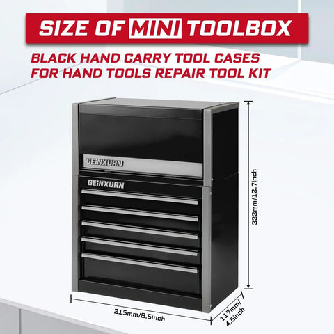 Heavy Duty Pro Grade 8 Drawer Rolling Tool Box Set In Black Stackable Micro Roll Cab With Lockable Drawers 3 Drawer Top Chest And 5 Drawer Roll Cab Combo Built For Your Garage And Workshop, front view of black tool chest with dimensions.