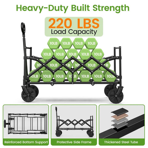 Extra Long 35 Inch Collapsible Wagon With Adjustable Handle Lightweight Foldable Cart 220 Lb Load capacity display