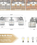 Three Light Crystal Bathroom Vanity Light In Chrome Finish, showing dimensions and bulb types, modern wall fixture for bedroom.