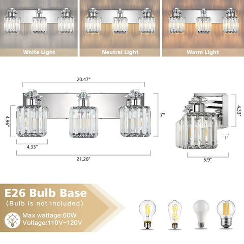 Three Light Crystal Bathroom Vanity Light In Chrome Finish, showing dimensions and bulb types, modern wall fixture for bedroom.