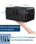 Outdoor Weatherproof Electrical Box With 3 Way Cord Connection Cover And Six Entry Ports, black, hand-held for scale