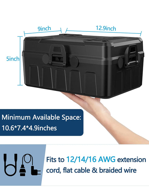 Outdoor Weatherproof Electrical Box With 3 Way Cord Connection Cover And Six Entry Ports, black, hand-held for scale