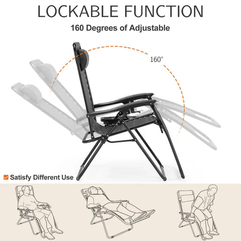 Zero Gravity Chairs Set Of 2 Portable Recliner Lounge Chairs with adjustable reclining positions, black outdoor design.