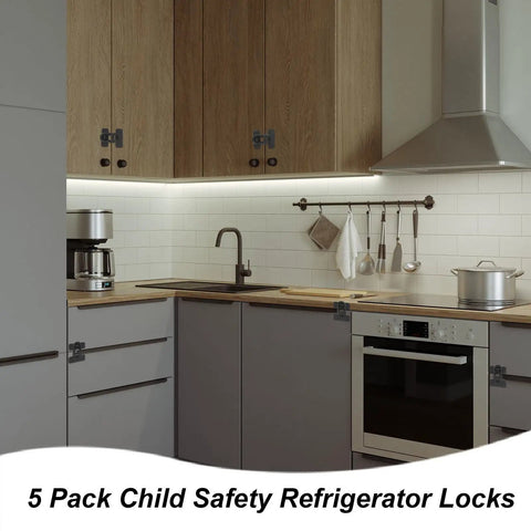 Kitchen with 5 Pack Child Safety Cabinet Locks With 10 Adhesive Backings For Baby Proof Fridge Cabinets RV Refrigerator Freezer Oven Doors