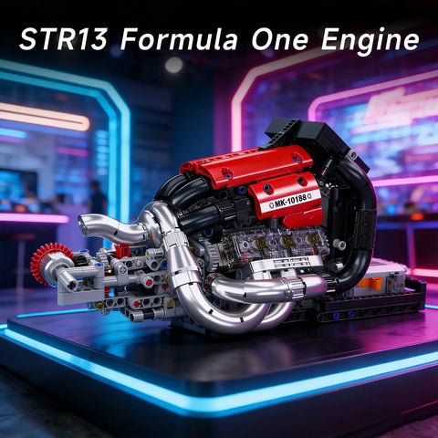 Motorized Engine Building Kit For Adults Hands On Realistic Piston Engine With Belt Drive Cooling Fan And Electric Power System Great STEM Display Model For Teens 14 Plus, red Formula One engine model on display