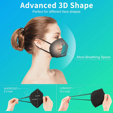 Woman wearing Five Layer FFP2 Cup Mask Pack For PM25 Dust And Smoke Protection Black Disposable Respirator, side view