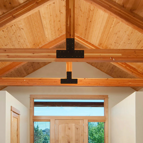 Wooden ceiling with 4 Pcs T Post Bracket Set With 16.9 by 5 Inch T Flat Mending Plates Black Powder Coat Joining Brackets for truss framing