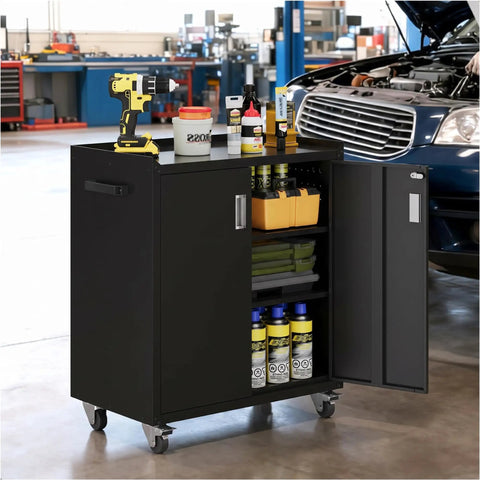 Top Shelf Metal Storage Cabinet With Heavy Duty Rollers Lockable Rolling Tool Chest For Garage And Shop Smooth Riding Casters And Adjustable Shelving In Matte Black