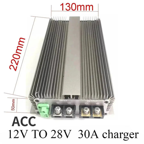 Heavy Duty DC DC Voltage Booster Converter, 12V to 28V, 30A output, aluminum build, dimensions 220mm x 130mm x 50mm.