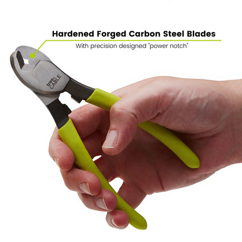 Heavy Duty Cable Cutters Forged In Hardened Carbon Steel Wire Cutter Eats Through Copper And Aluminum Up To 1/0 AWG Without Marring Delivers Crisp Clean Cuts Job Site Ready For Rough Crews Who Value An Insanely Comfortable Grip Over Long Shifts in hand showing precision designed power notch.