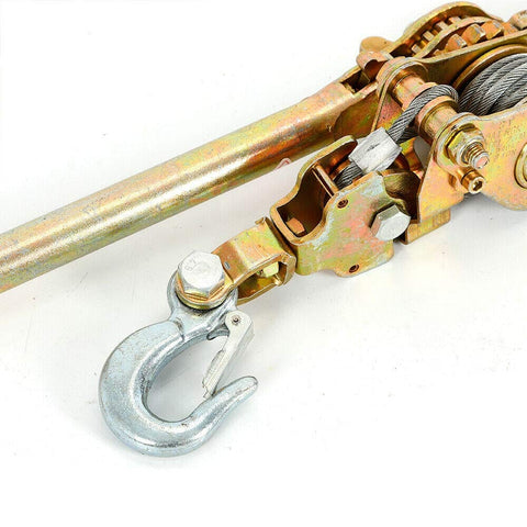 Close-up of Beefy 2 Ton Come Along Winch Hand Cable Puller with hook, alloy steel construction, for lifting or pulling
