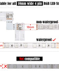 L Shape 4 Pin LED Connector Kit With 22 Clips For 10mm Strip Lights showing waterproof and non-waterproof compatibility