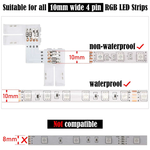 L Shape 4 Pin LED Connector Kit With 22 Clips For 10mm Strip Lights showing waterproof and non-waterproof compatibility