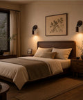Adjustable Gooseneck Wall Sconce, Modern Wood Grain Wall Lamp in cozy bedroom setting with wooden furniture and soft lighting.